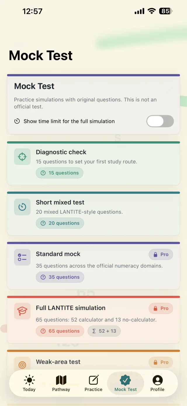 Mock test screen with mixed test options