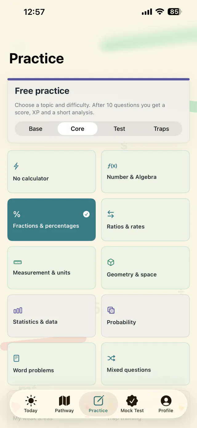 Practice screen with numeracy topics and difficulty levels