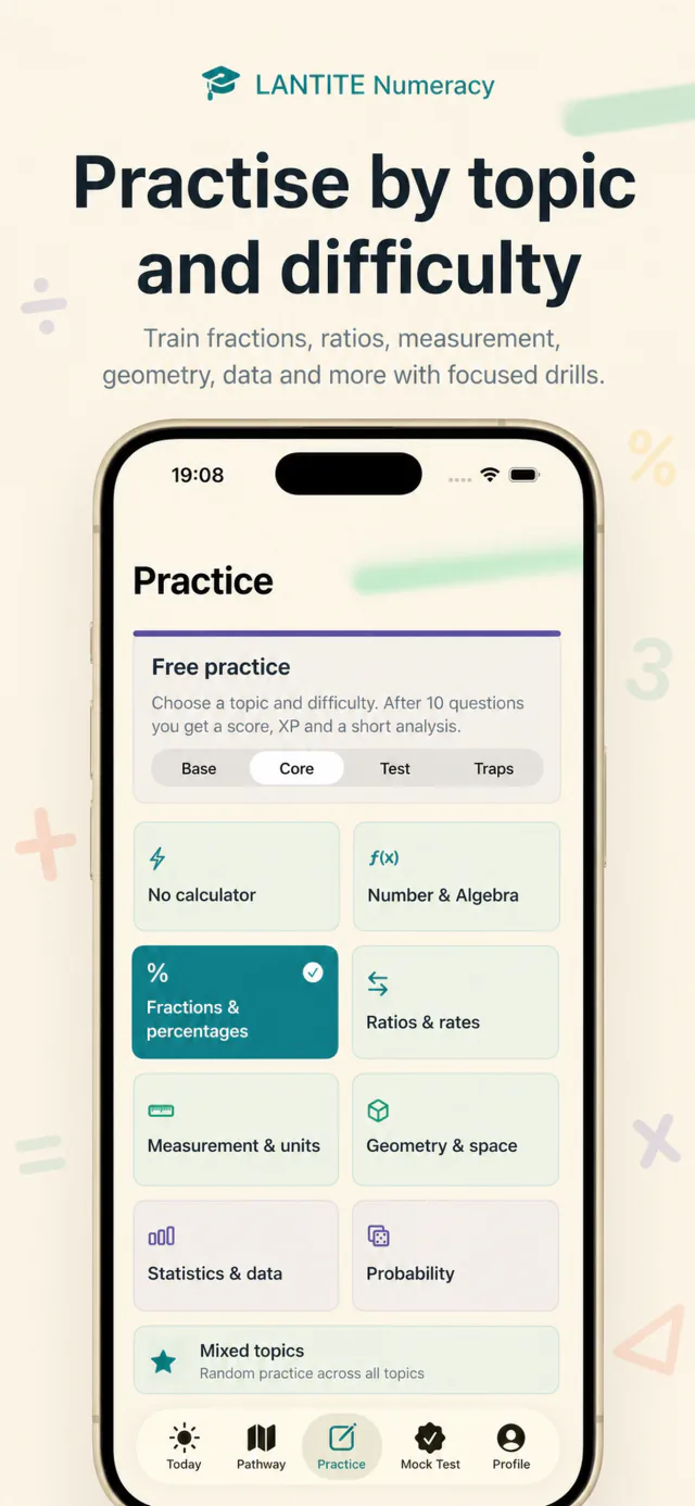 Practice screen with LANTITE numeracy topics