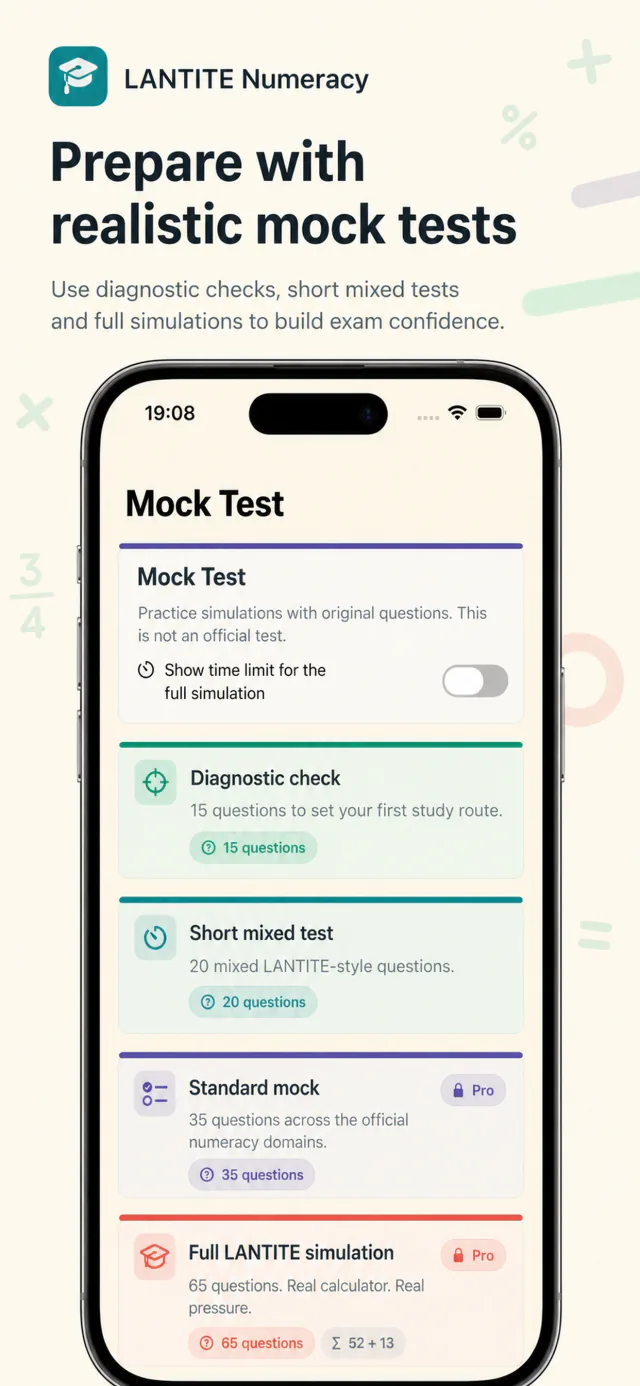Mock test screen with test practice options