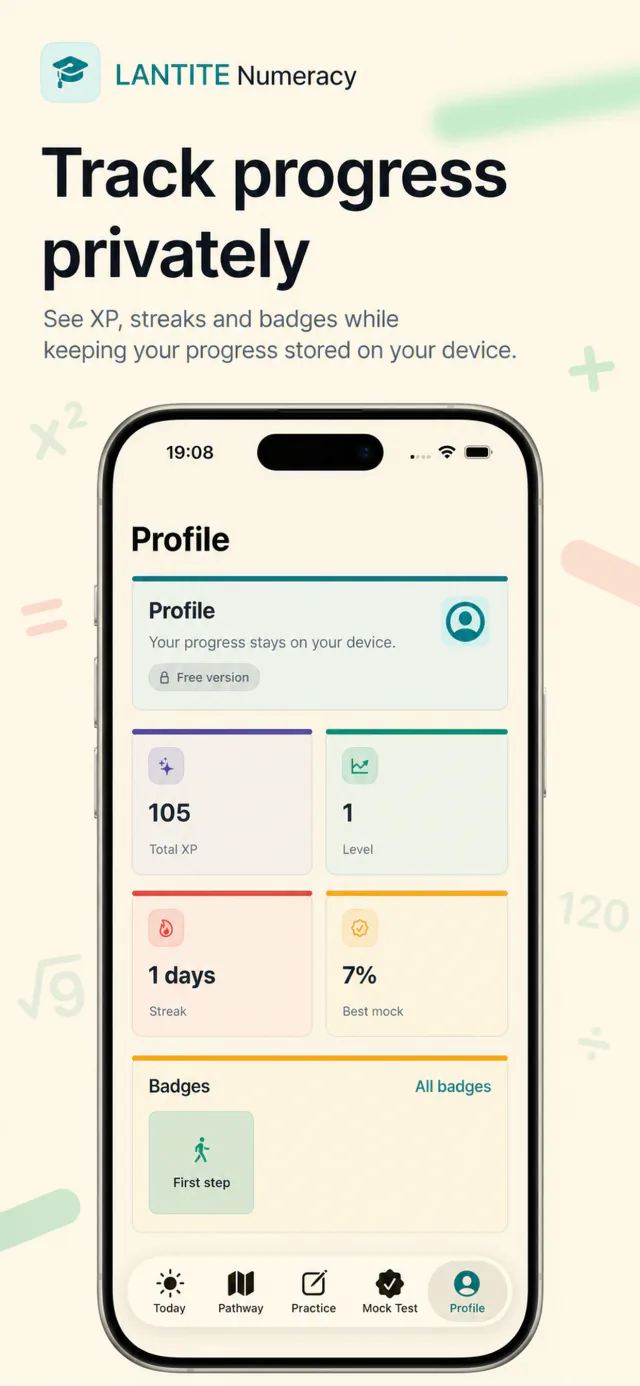 Profile screen with XP, badges and local progress